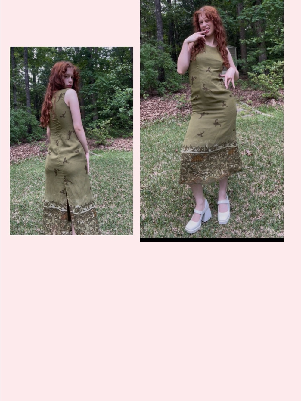 Vintage Olive Green Maxi Dress with Botanical Hem - Picture 3 of 3